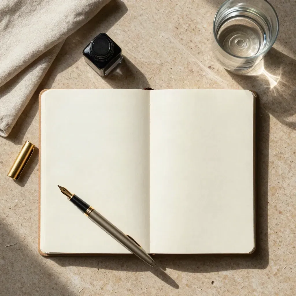 Open journal flat lay with pen, ink bottle, dish, and stem in soft daylight.