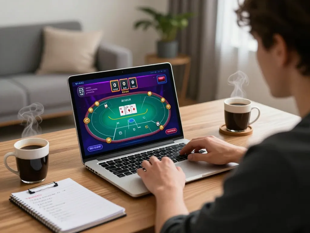 Person strategizing while playing poker online, showcasing engaging gameplay on 789win platform.
