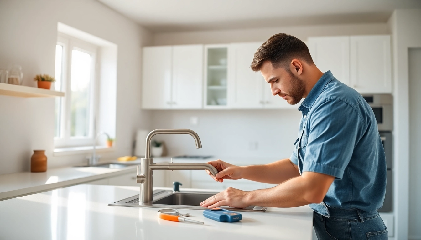 Skilled plumber near me repairing a sink in a bright kitchen, showcasing professional tools.