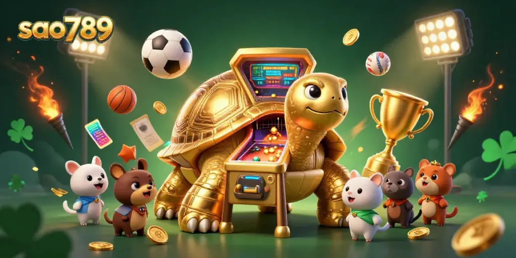 Engage in gaming excitement at sao789 with a colossal tortoise pinball machine surrounded by vibrant sports elements.