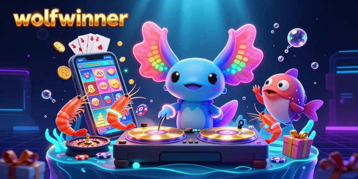 Experience vibrant gaming with wolfwinner's neon-themed casino adventure featuring a DJ axolotl and lively sea creatures.