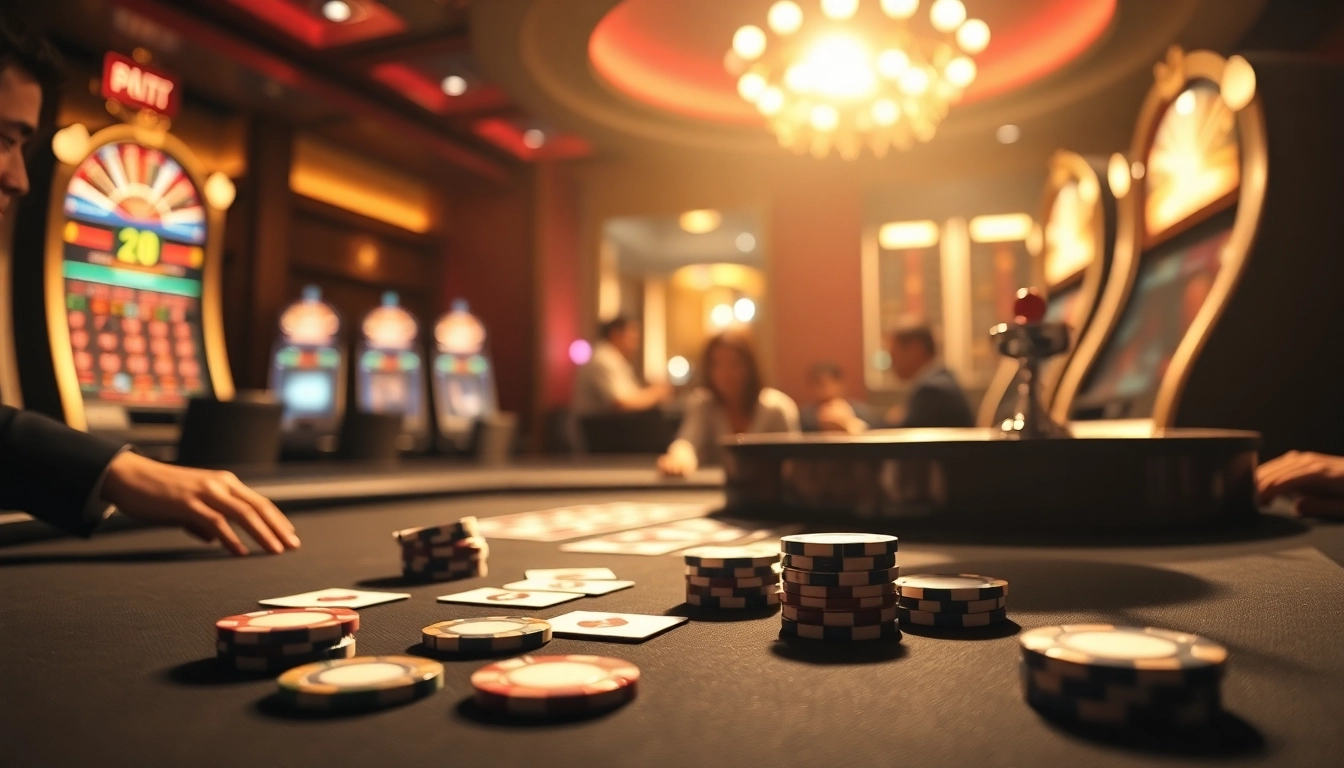 Players enjoying 68 game bài at a luxurious casino table with poker chips and cards.