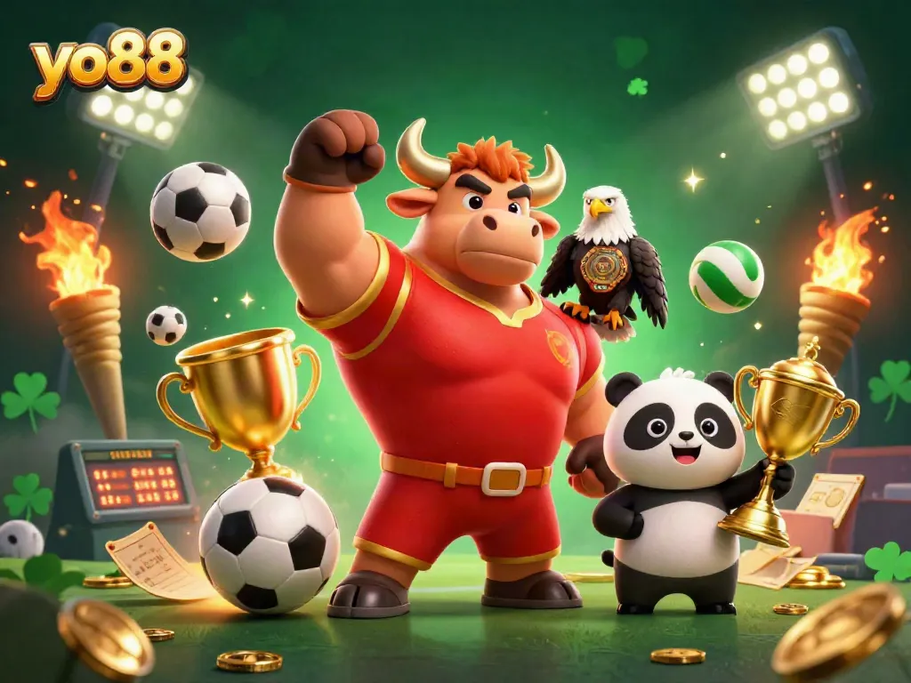 Experience thrilling action with yo88, featuring a triumphant bull, eagle champion, and a cheerful panda in a dynamic casino scene.