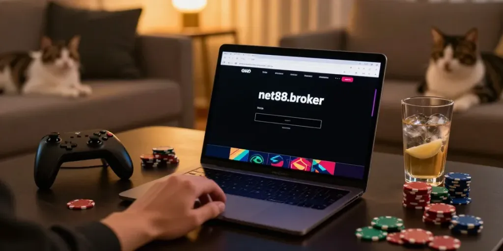 Experience online gaming excitement with https://net88.broker/ showcased on a smartphone amidst a cozy home setting.