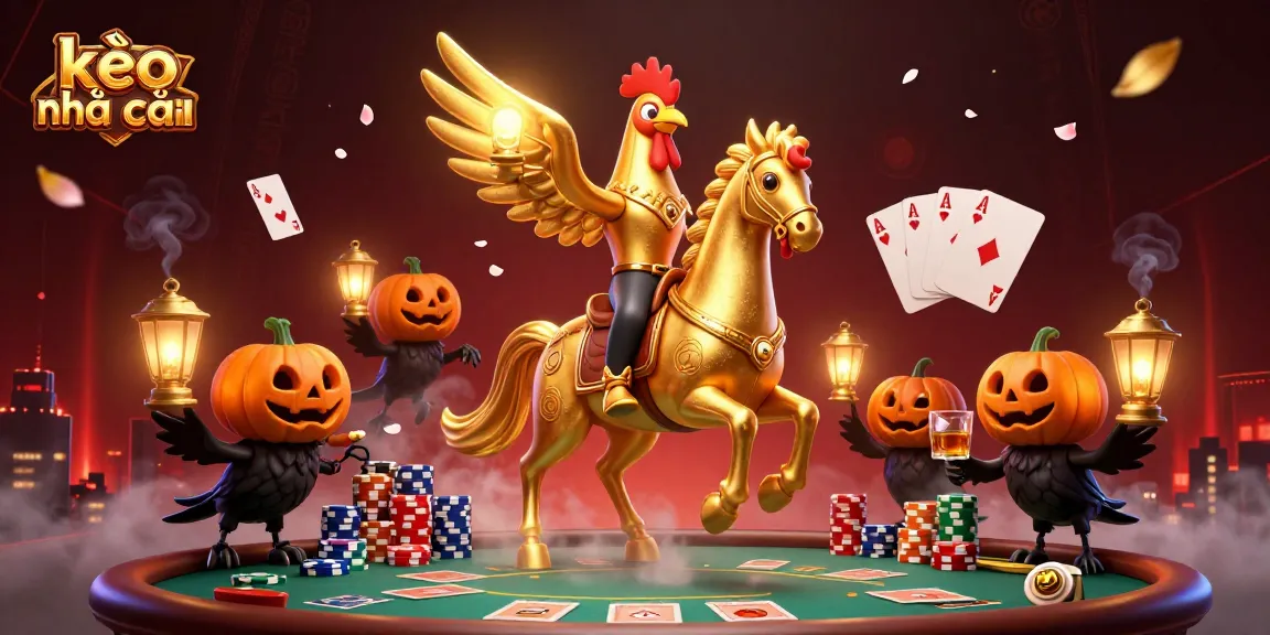 Experience kèo nhà cái action in a vibrant casino scene with golden rooster and poker elements.