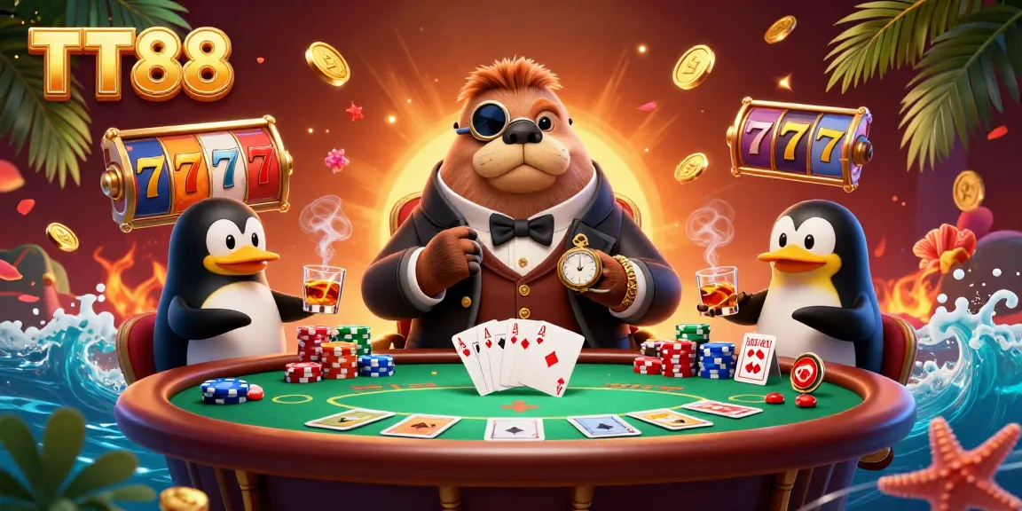 Experience thrilling moments at TT88's underwater poker table, featuring vibrant characters and lively chips.