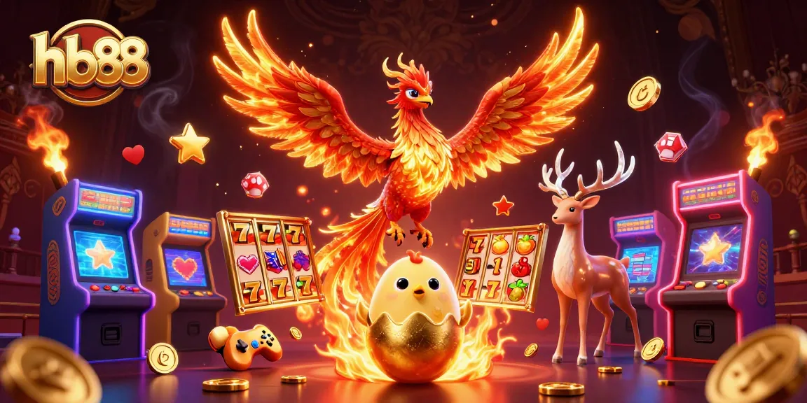 Spin to win with hb88 as the vibrant phoenix, jackpot reels, and casino treasures illuminate the scene.