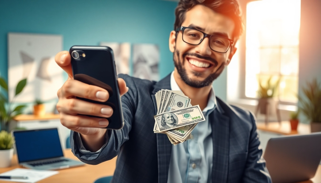 Sell My Old Phone For Cash - happy person exchanging phone for cash in a professional setting.