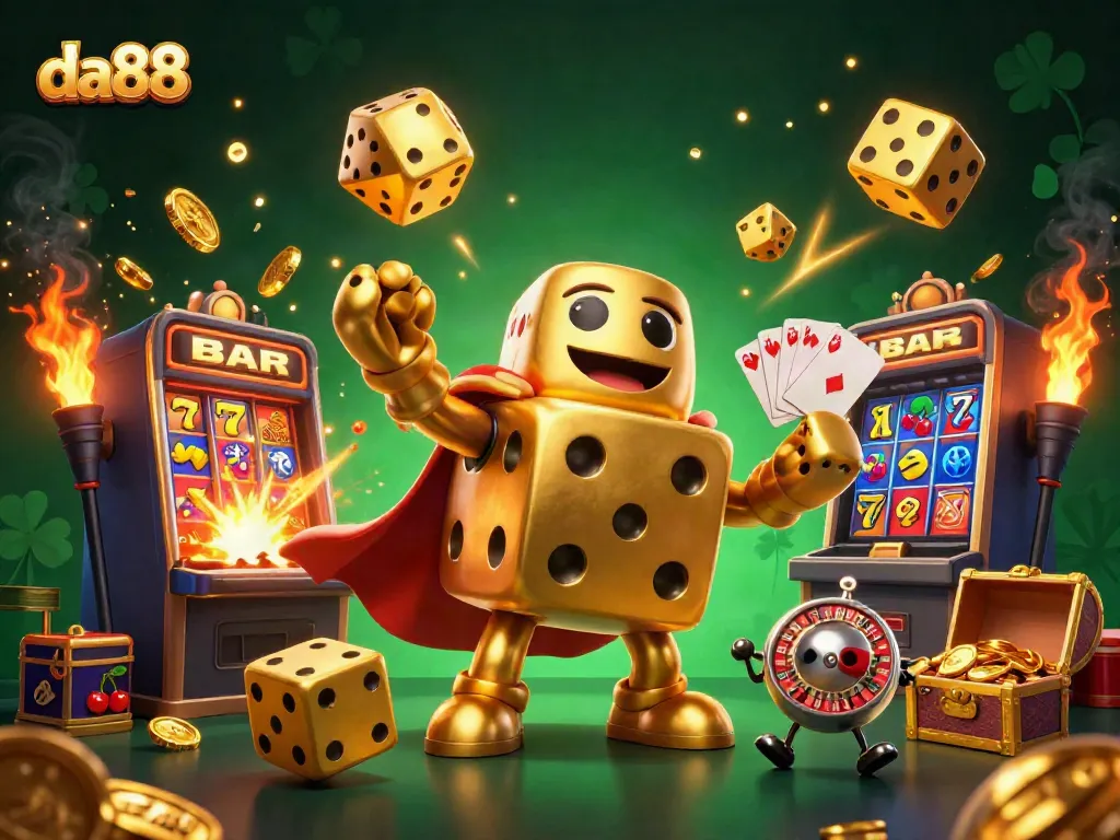 Experience the excitement of da88 with a dynamic scene featuring a golden dice golem amidst a slot jackpot explosion.