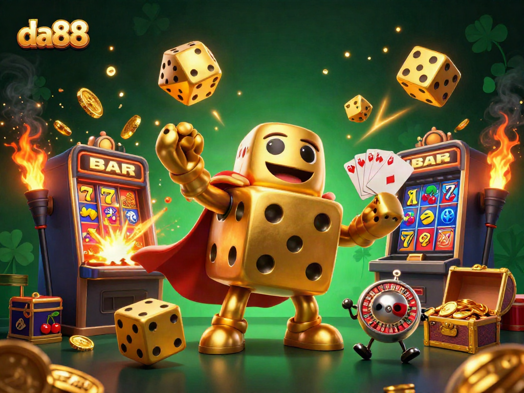 Experience the excitement of da88 with a dynamic scene featuring a golden dice golem amidst a slot jackpot explosion.