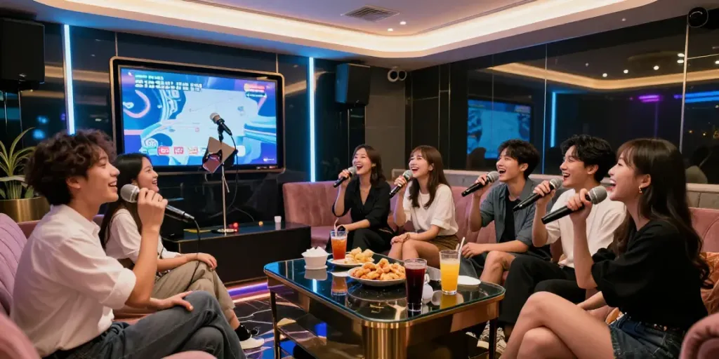 강남 달토의 화려한 노래방에서 친구들이 함께 즐거운 시간을 보내고 있는 모습