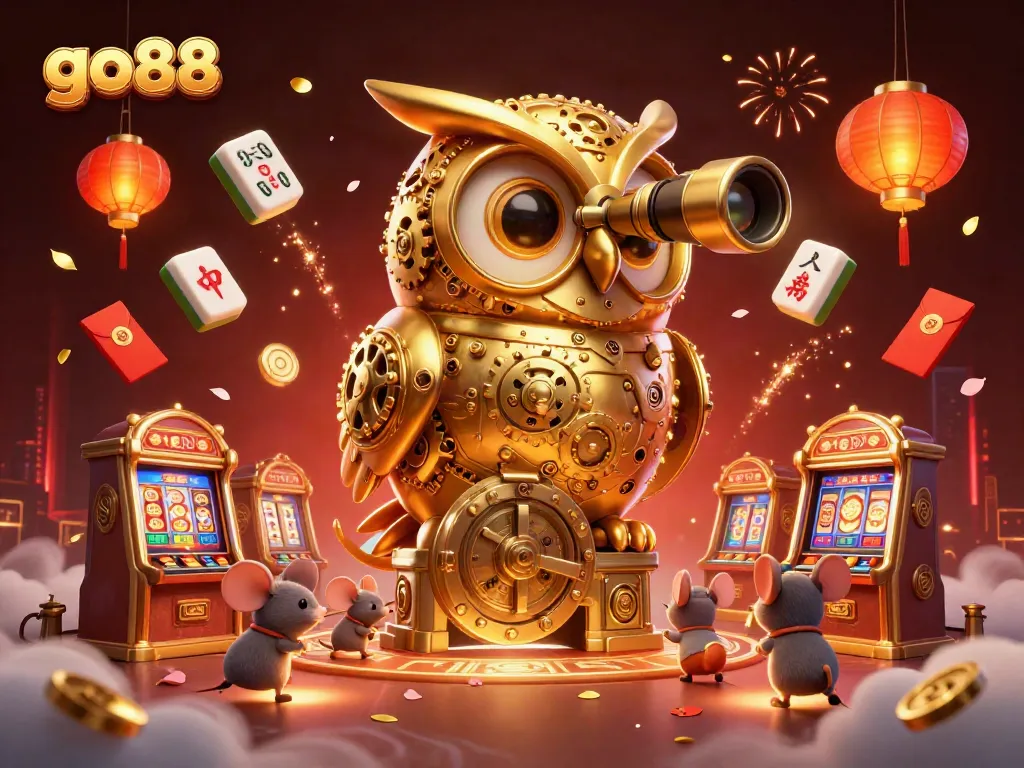 Engage with go88's exciting casino scene featuring a golden owl and vibrant elements.