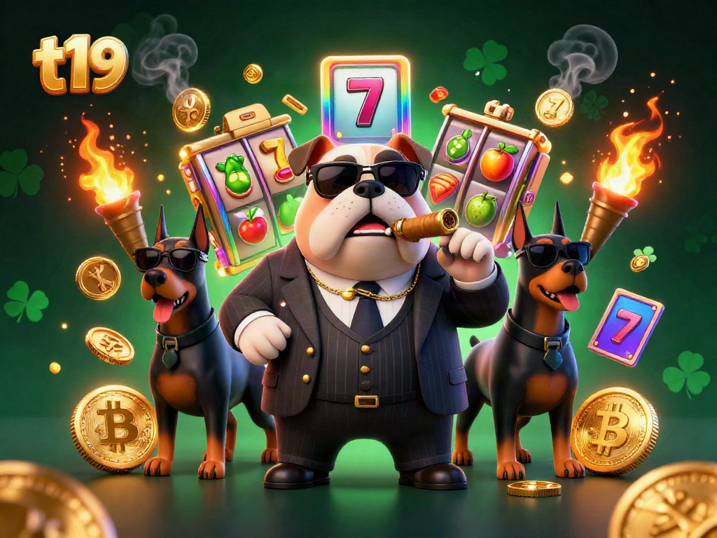 Experience thrilling gameplay at t19 with a dynamic 3D scene featuring a mafia bulldog and Doberman bodyguards surrounded by vibrant gambling elements.