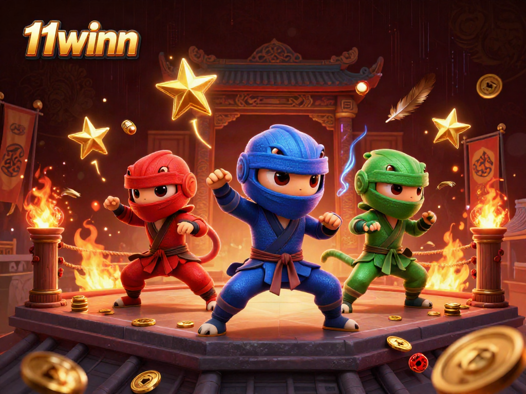 Engage in thrilling 11winn action with ninja chameleons amidst a vibrant casino scene.