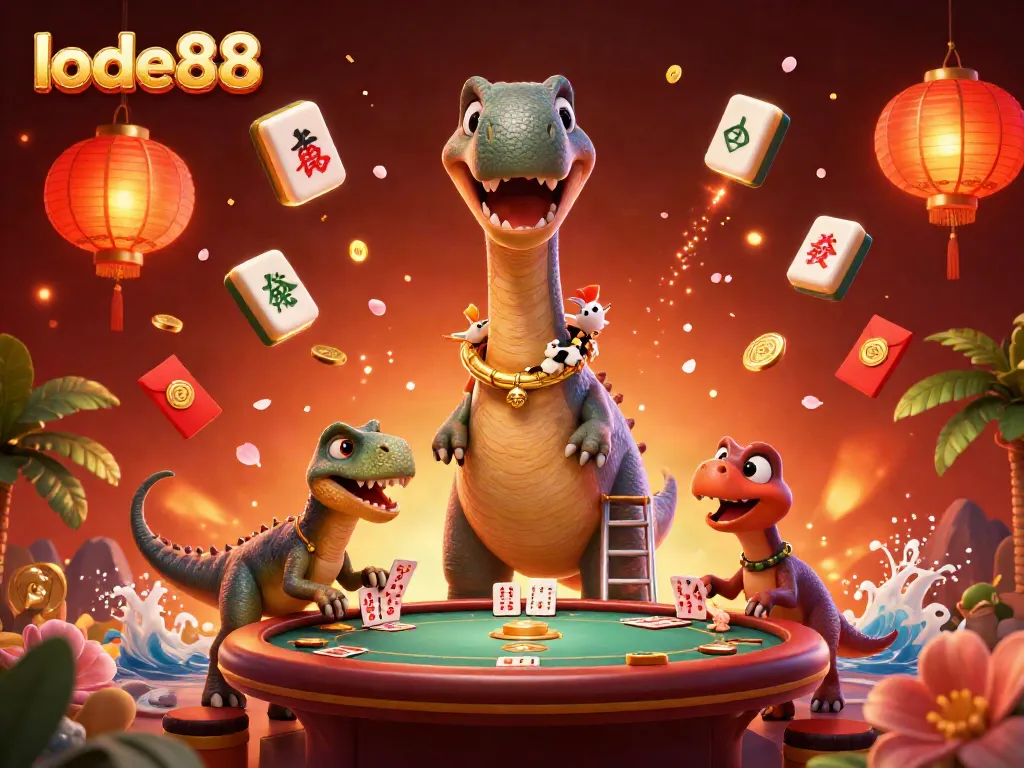 Experience thrilling fun at lode88, where a brontosaurus oversees a vibrant casino scene.