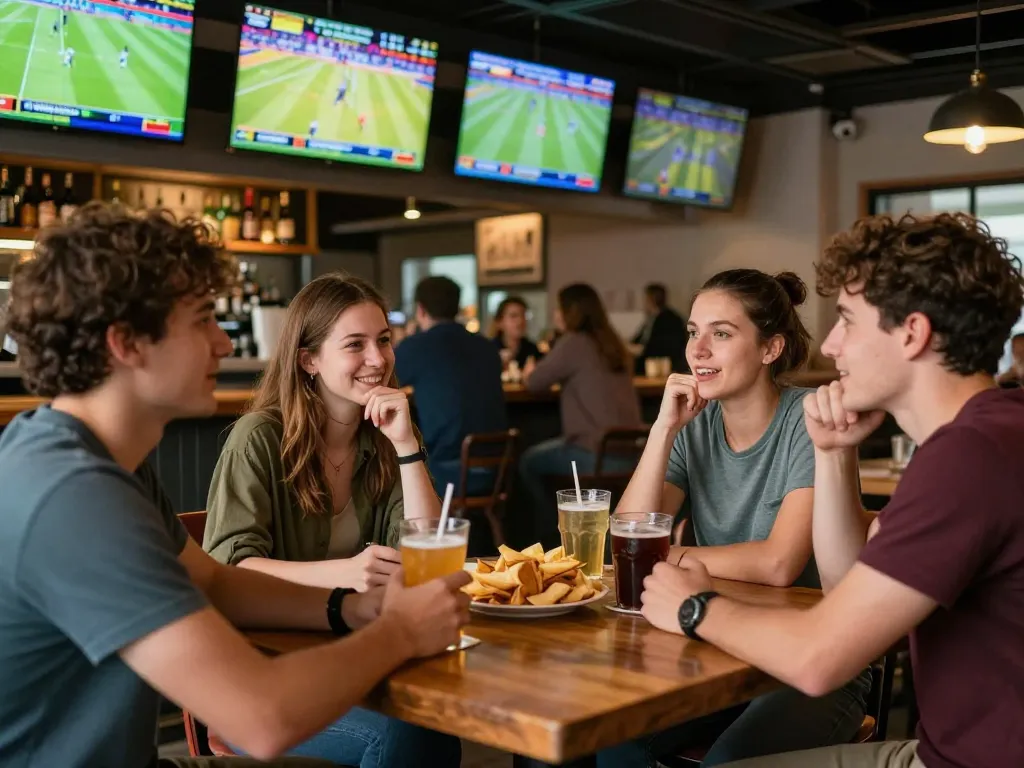 Friends engaging in dynamic sports betting at mb66-t, enjoying live games in a vibrant bar.