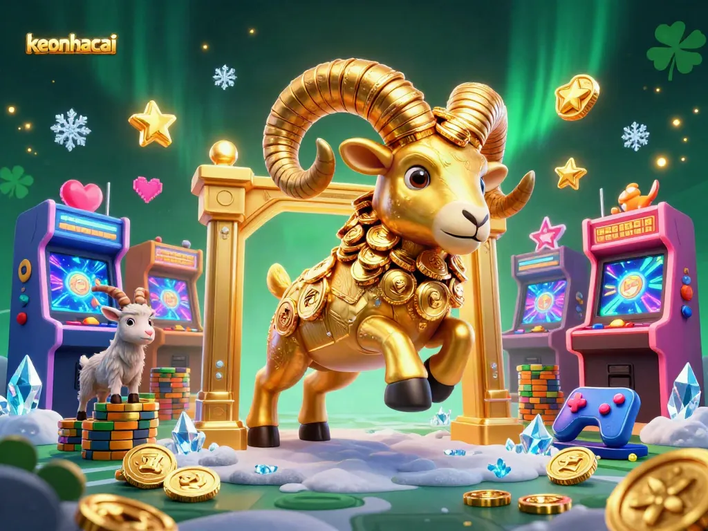 Engage with keonhacai's massive golden ram charging through a vibrant 3D casino landscape.