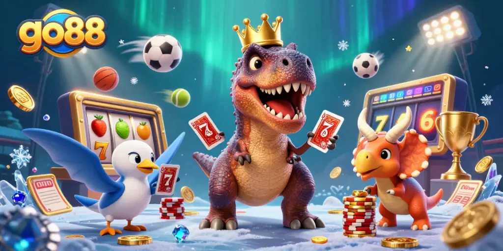 Chơi game với go88, một khung cảnh đầy màu sắc với khủng long và nhiều yếu tố casino.