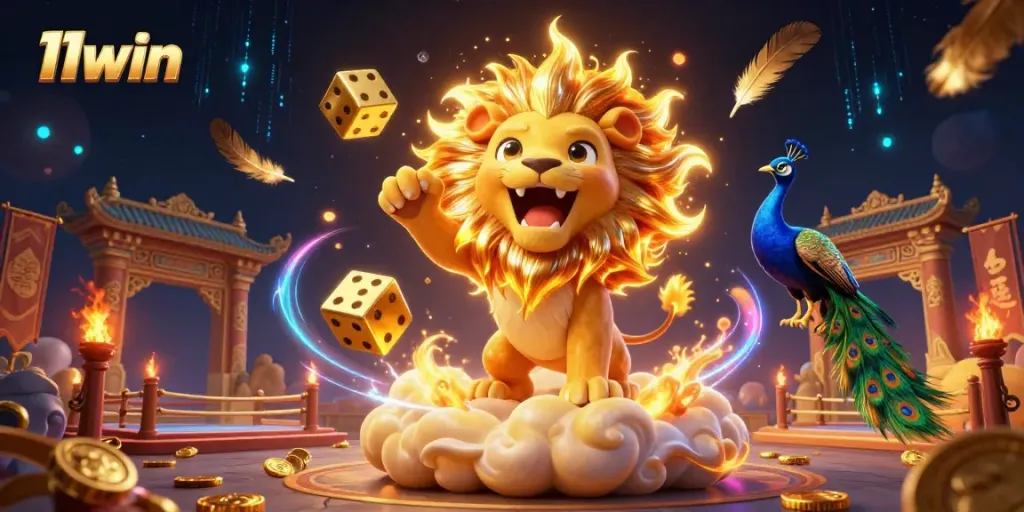 Experience thrilling wins with 11win in this vibrant casino scene featuring a lion, dice, and dynamic gaming elements.