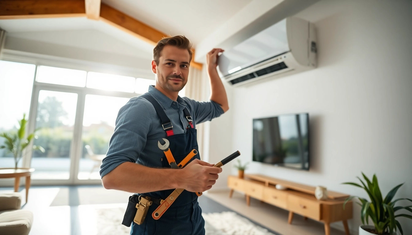 AC Repair Tampa service technician performing repairs on modern air conditioning unit.