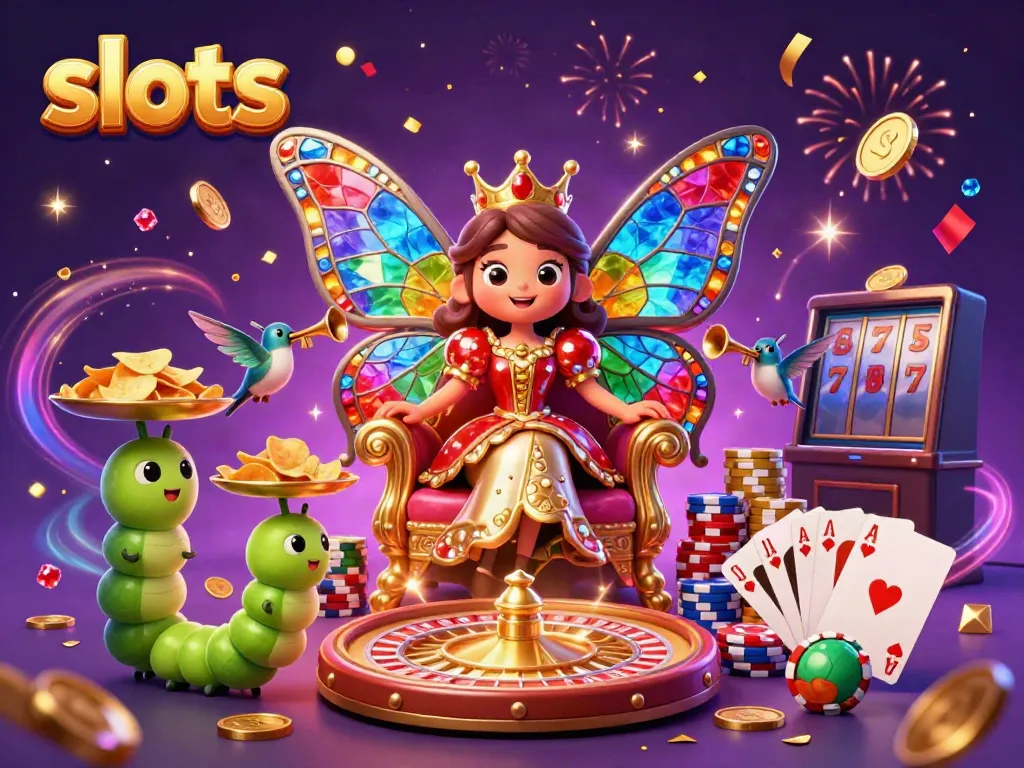 Experience thrilling slots action with a vibrant 3D scene of a butterfly queen and casino elements.