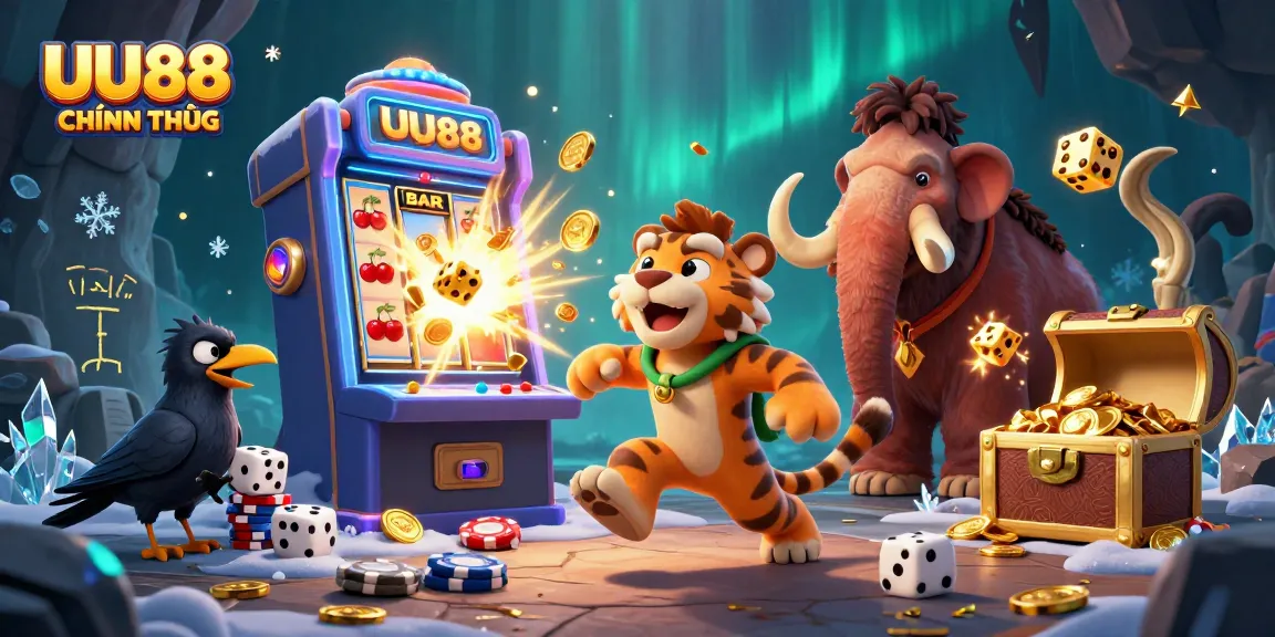 UU88 CHÍNH THỨC features a dynamic scene of prehistoric casino fun with a caveman and tiger duo.