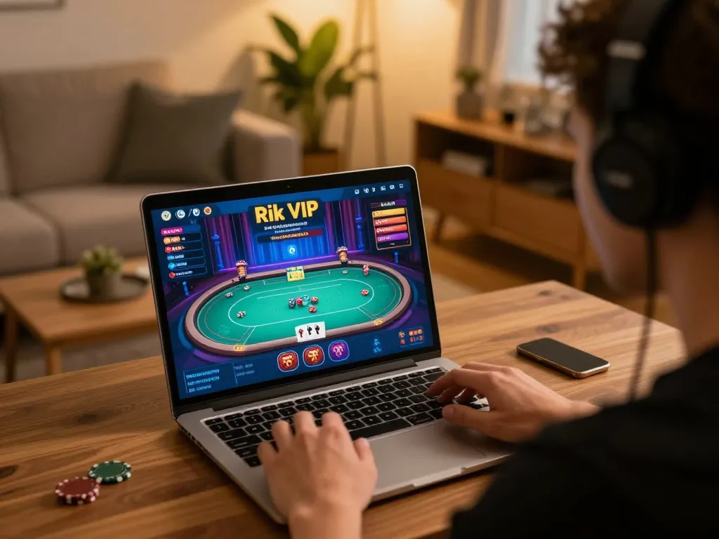 Gamer enjoying poker action on Rik VIP's platform showcasing strategic gameplay in a cozy setting.