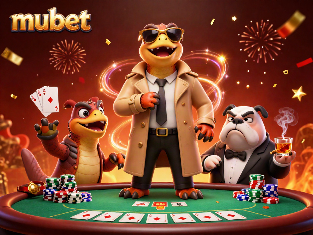 Experience the vibrant action of mubet with raptors entering a VIP casino, surrounded by poker excitement.