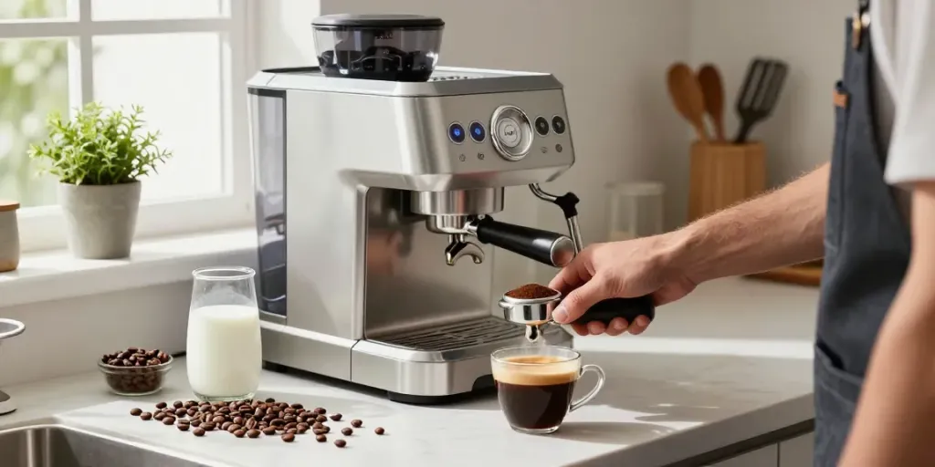 Barista using a ROKOK88 espresso machine to make a fresh cup of espresso with rich crema.