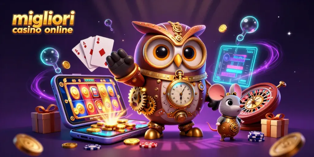I migliori casino online presentano un gufo viaggiatore in un'illustrazione 3D vibrante e unica.
