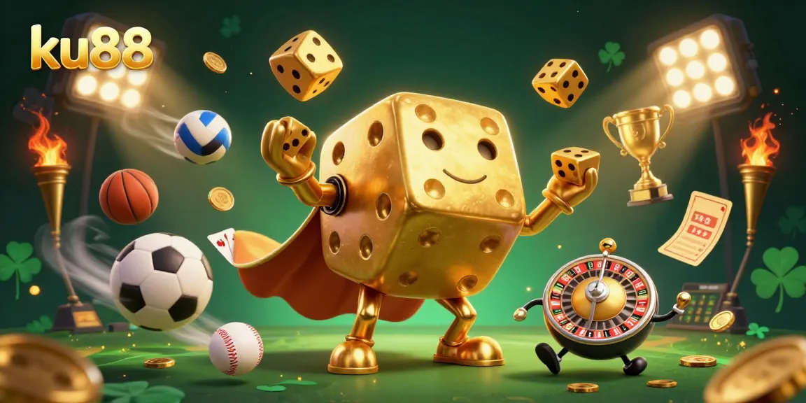 ku88 promotes gaming excitement with a vibrant illustration of a golden dice golem and dynamic sports elements.