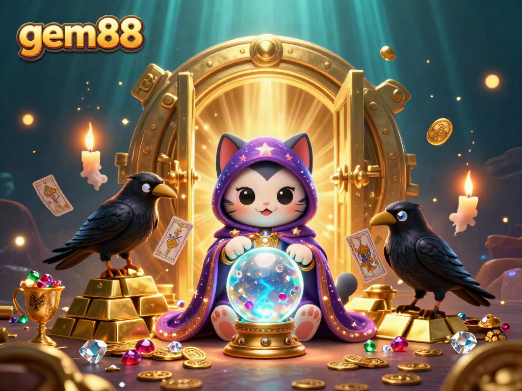 Experience the magic of gem88 with a fortune teller cat and treasures in a vibrant casino scene.