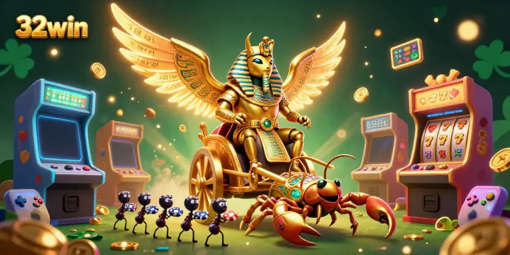Engage with 32win adventures in this dynamic 3D casino scene filled with gaming excitement.