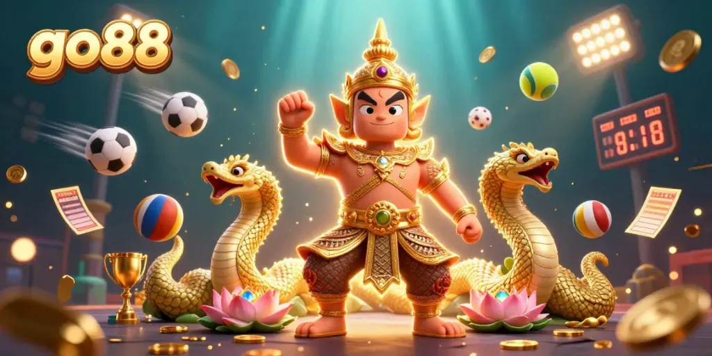 Engage with go88's exciting gaming experience, featuring a dynamic scene with a Thai temple guardian, Naga companions, and various sports elements.