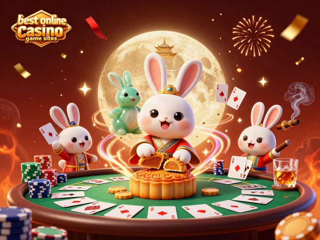 Engaging scene featuring best online casino game sites with a moon rabbit, poker elements, and casino atmosphere.
