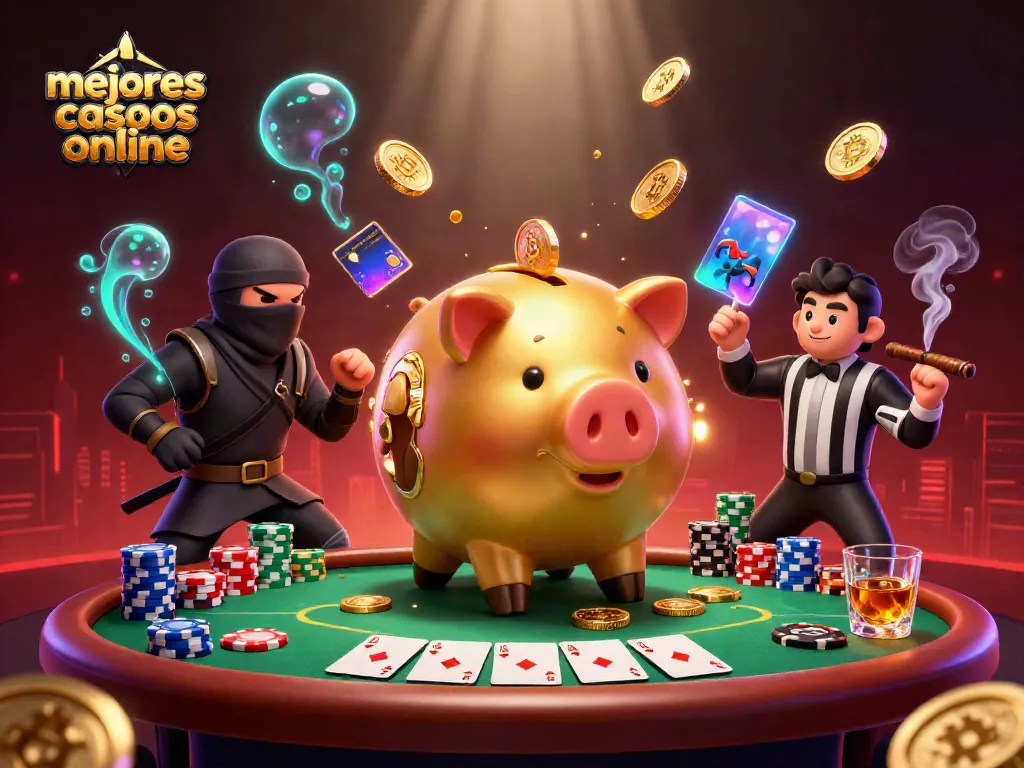 Disfruta de los mejores casinos online mientras un cerdo dorado aplasta monedas con temática cripto.
