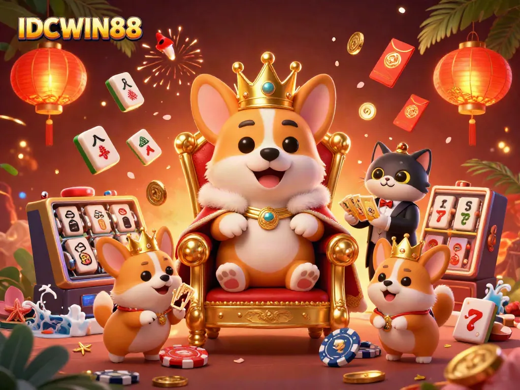 Experience festive gaming fun with IDCWIN88, featuring a royal corgi, card deck, and dynamic slot visuals.