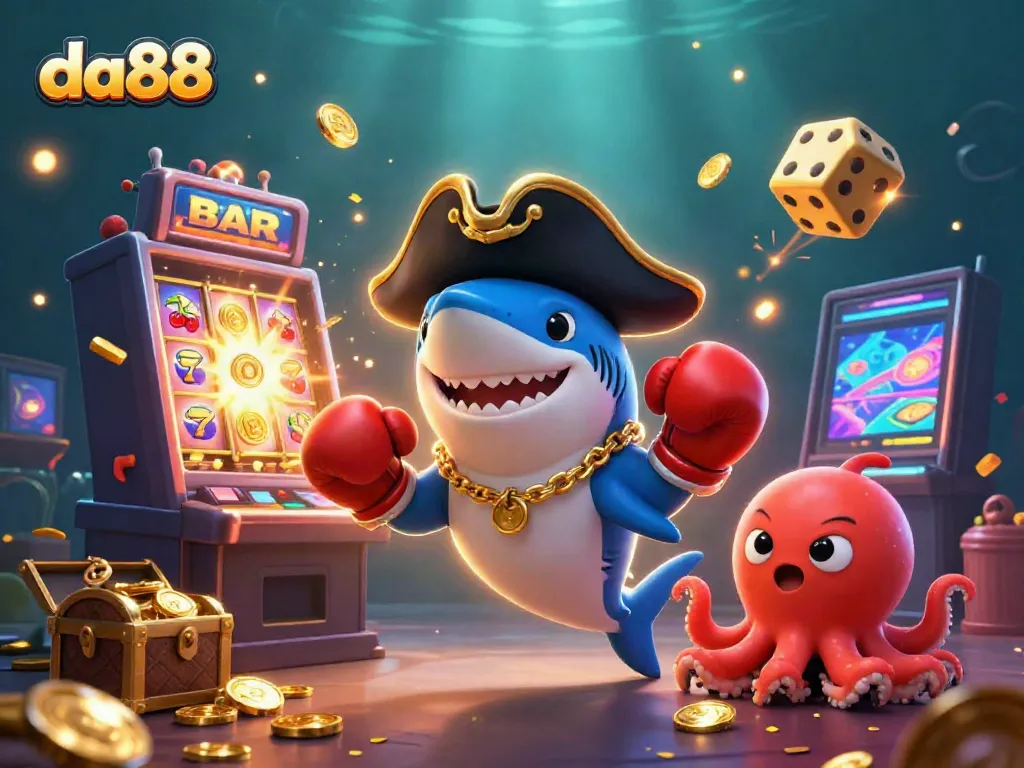 Experience exciting gameplay at da88 with fun characters and casino elements in this dazzling illustration.