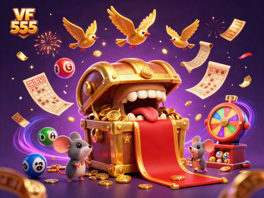 Join the fun with VF 555 at this vibrant 3D casino illustration, showcasing treasures and lottery action.