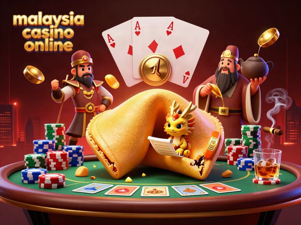 Experience the excitement of malaysia casino online with a 3D casino scene featuring a golden fortune cookie and poker elements.