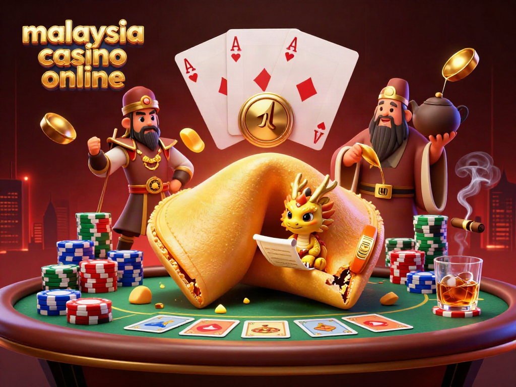 Experience the excitement of malaysia casino online with a 3D casino scene featuring a golden fortune cookie and poker elements.