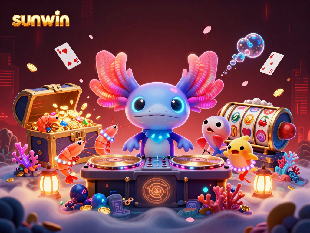 Engage with sunwin's vibrant casino atmosphere featuring a neon axolotl DJ and dancing sea creatures.