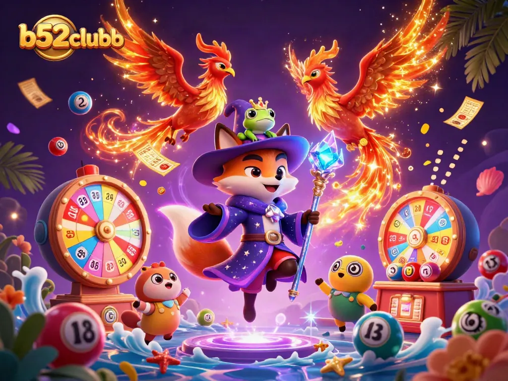 Experience magical gaming adventures with b52clubb as the whimsical wizard fox and vibrant creatures engage in lottery fun.