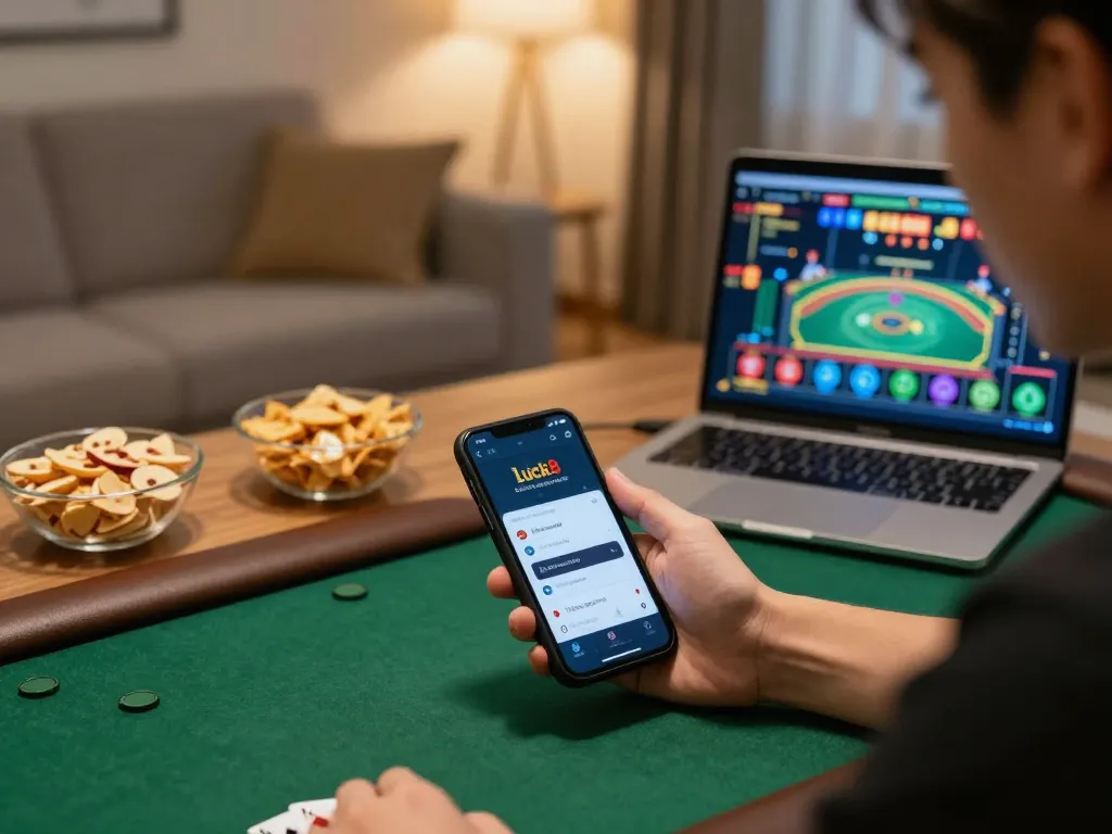 Playing online poker with luck8 đăng nhập on mobile device in a cozy living room setting