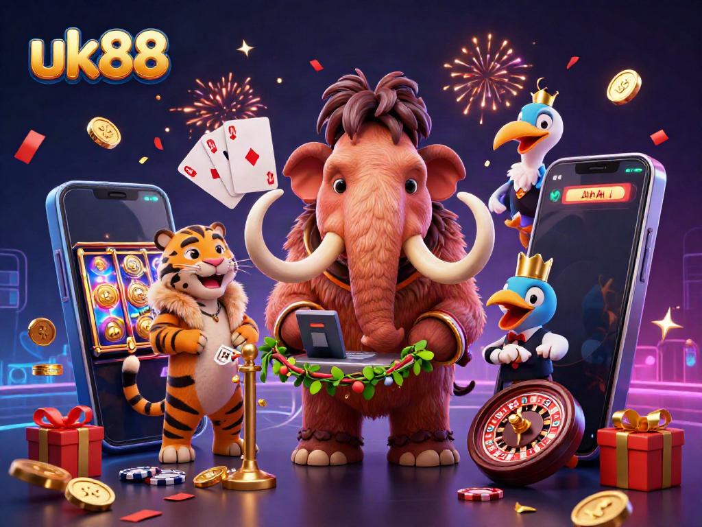 Join the fun at uk88 with a 3D casino illustration featuring a woolly mammoth bouncer checking IDs.