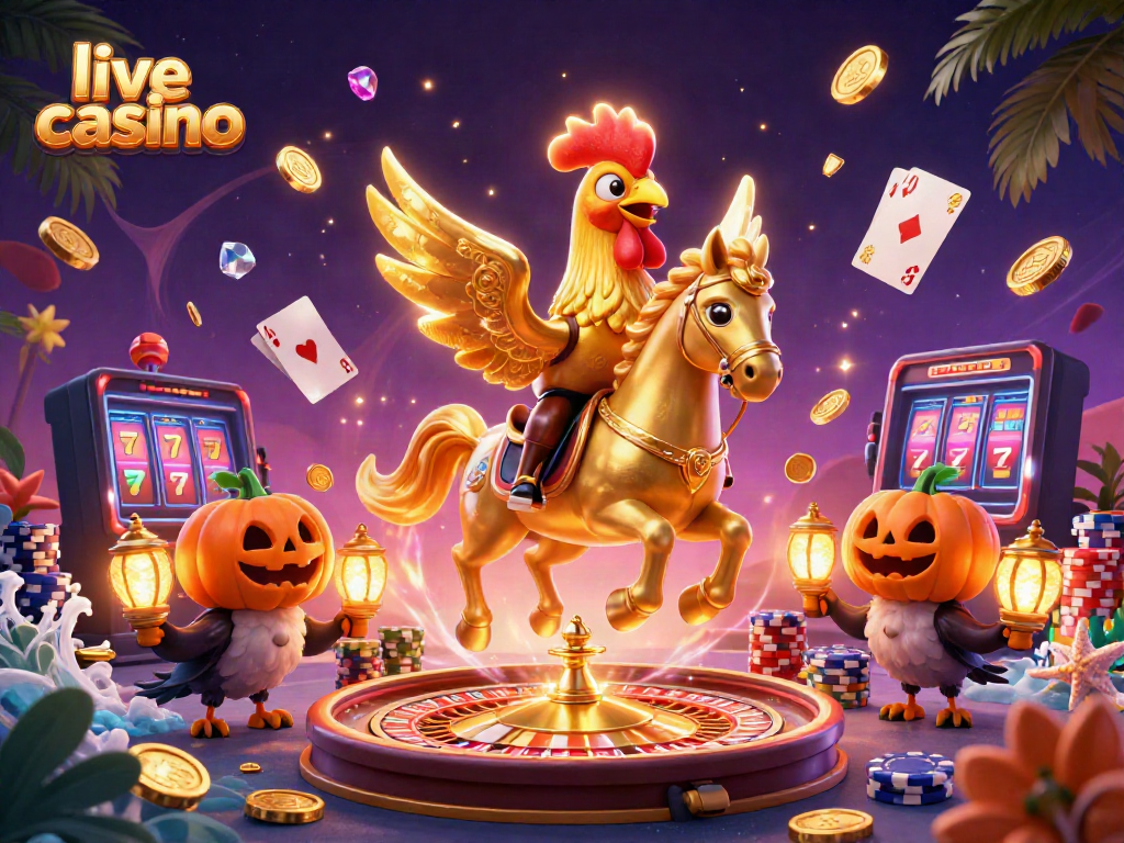 Experience live casino excitement with a golden rooster and mystical elements in a vibrant scene.