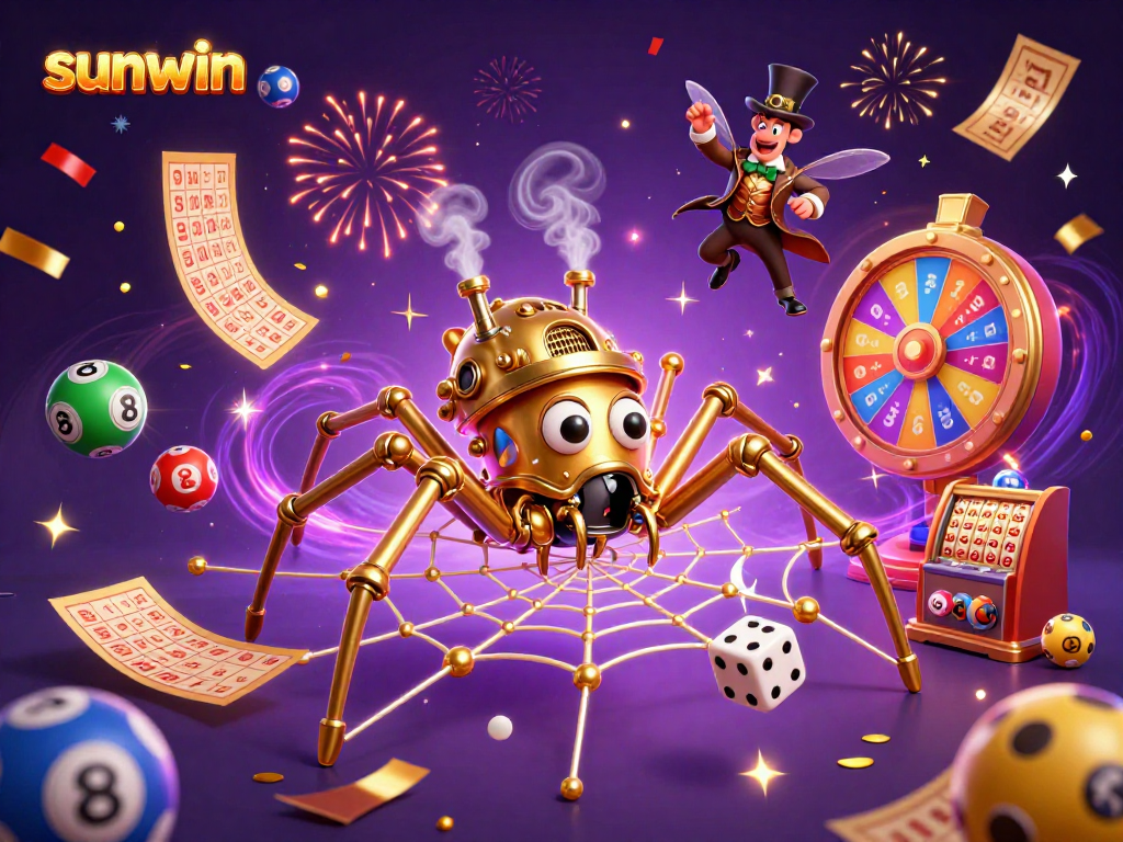 Experience dynamic lottery excitement with Sunwin's vibrant 3D steampunk spider and elements.