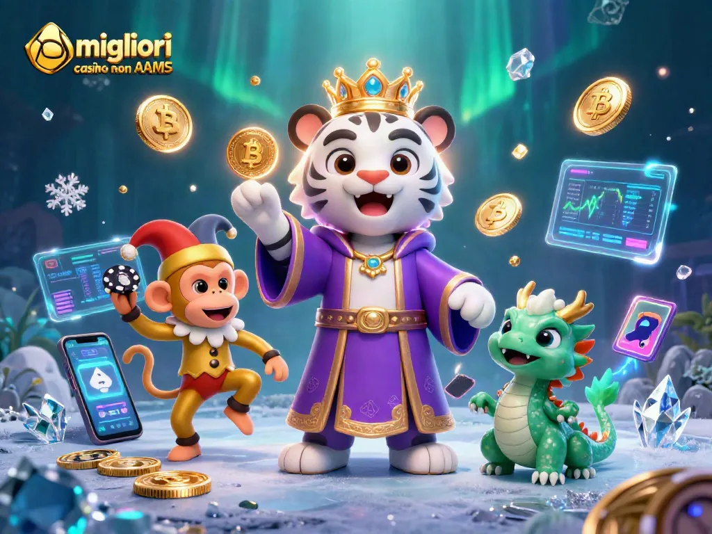 Gioca nei migliori casino non AAMS con l'orsa tigre, la scimmia giullare e il drago di giada, tutti circondati da monete crypto e premi scintillanti.