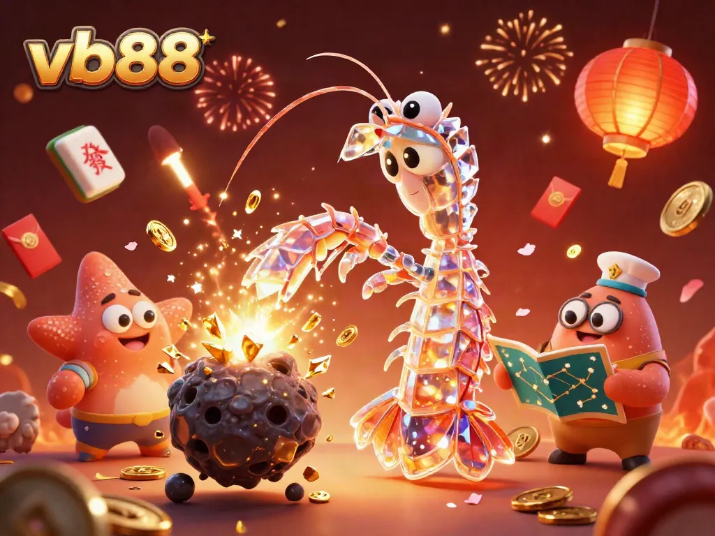 Experience the excitement of vb88 with a vibrant 3D illustration featuring a galactic samurai mantis shrimp and fortune elements.
