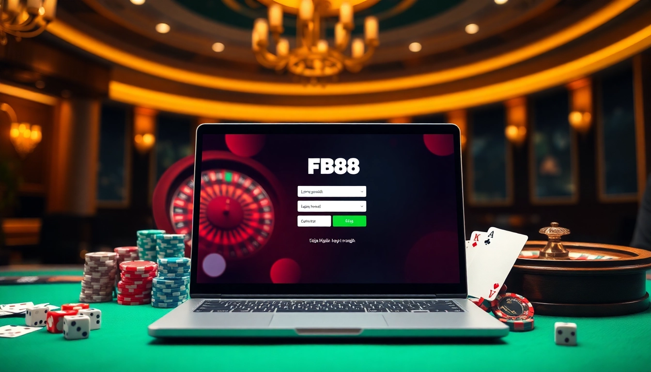 Experience Đăng Nhập FB88 with an engaging online gambling scene featuring a stylish laptop and vibrant poker chips.